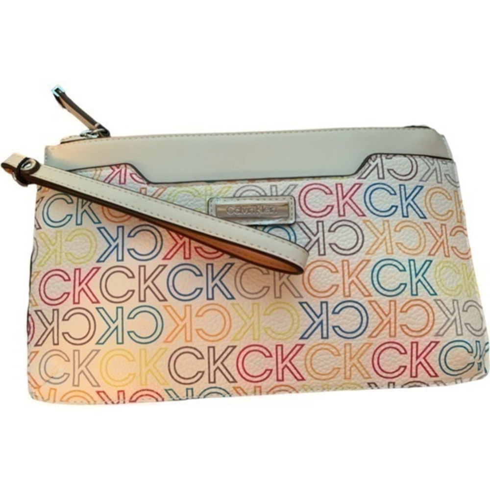 NWT Calvin Klein White W/Rainbow Logo Wristlet